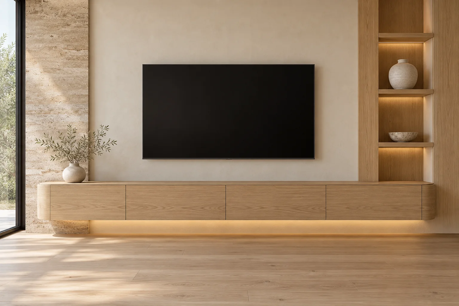 Natural oak TV unit design concept with rounded cabinet ends and open shelving