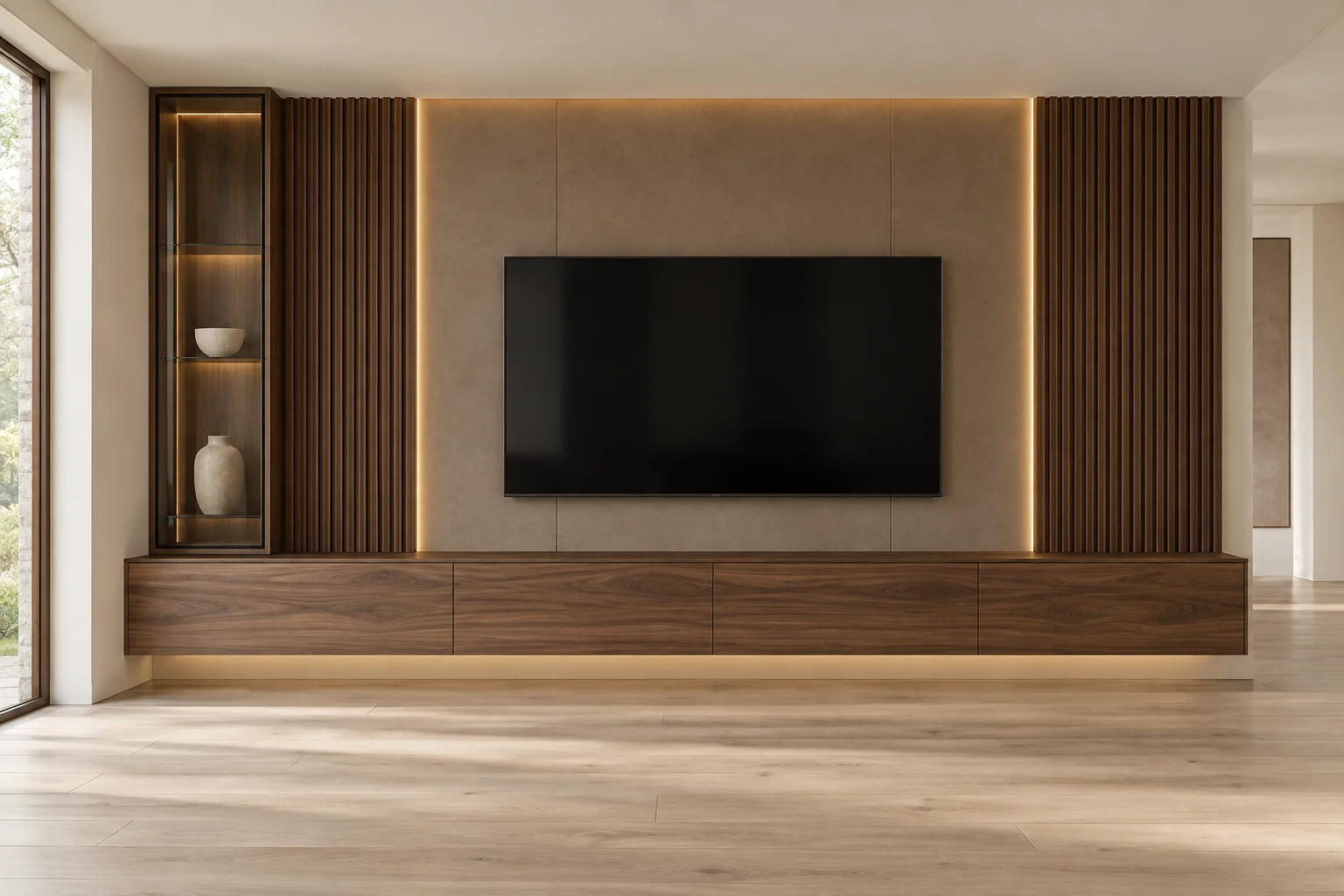 Walnut TV wall design concept with vertical slats and a glass display cabinet