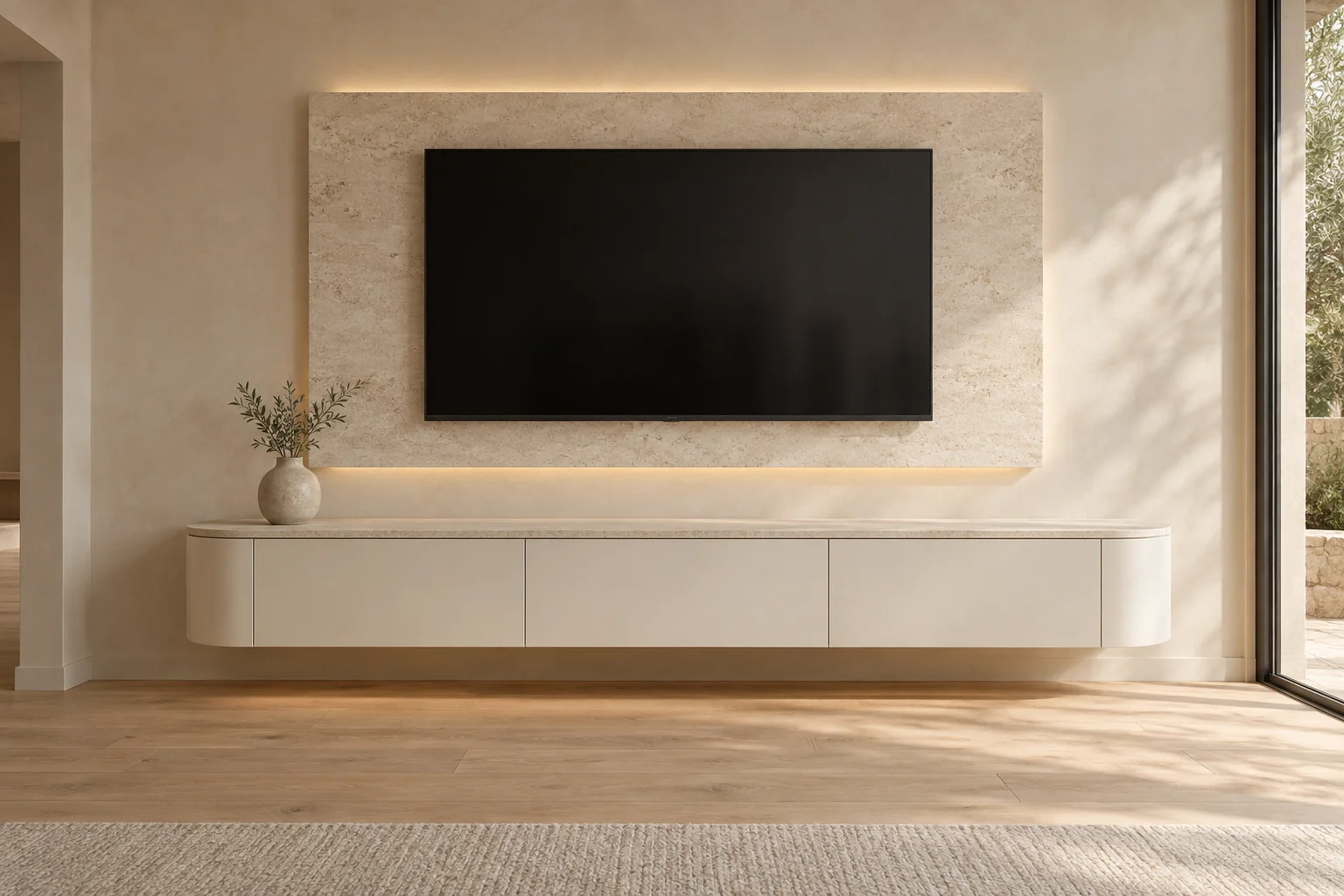 TV unit design concept with a curved ivory floating cabinet and pale stone wall panel